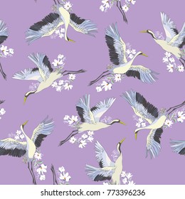 Japanese seamless pattern of birds and water. Traditional vintage fabric print. White and blue indigo background. Kimono design. Monochrome vector illustration.