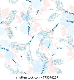 Japanese seamless pattern of birds and water. Traditional vintage fabric print. White and blue indigo background. Kimono design. Monochrome vector illustration.