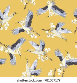 Japanese seamless pattern of birds and water. Traditional vintage fabric print. White and blue indigo background. Kimono design. Monochrome vector illustration.