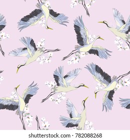 Japanese seamless pattern of birds and water. Traditional vintage fabric print. White and blue indigo background. Kimono design. Monochrome vector illustration.