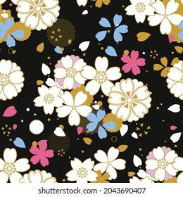 Japanese seamless pattern. Cherry blossoms. Vector image. #B01 Black.