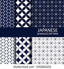 Japanese seamless pattern collection, Decorative wallpaper. Vector Asian background in navy blue colour.