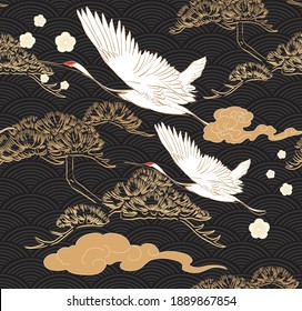 Japanese seamless pattern with crane birds elements vector. Asian background with oriental decoration such as hand drawn bonsai tree and cherry blossom flower icon in vintage style.