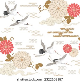 Japanese seamless pattern with crane birds elements vector. Asian background with oriental decoration such as hand drawn bonsai tree and chrysanthemum flower icon in vintage style. 