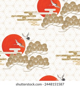 Japanese seamless pattern with crane birds or herons element vector. Red sun and hand drawn wave chinese cloud decorations background in vintage style. Art abstract banner design.