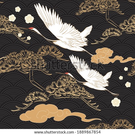 Japanese seamless pattern with crane birds elements vector. Asian background with oriental decoration such as hand drawn bonsai tree and cherry blossom flower icon in vintage style.