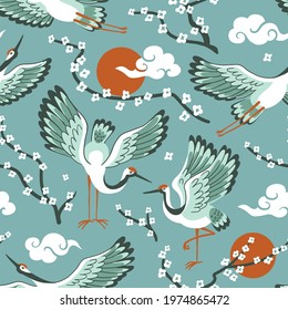 Japanese seamless pattern with cranes and flowering oriental cherry. Seamless vector ornaments with Chinese traditional motives.