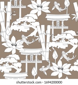 Japanese seamless pattern in a flat style. Vector illustration of bansai, bamboo, torii gate, lotus flower on a brown background, for bedding, kitchen textiles and fabric.