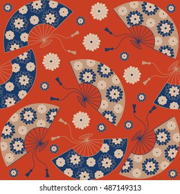 Japanese seamless pattern. Japanese floral background with Japanese fan. Vector illustration
