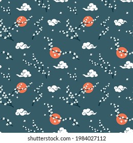 Japanese seamless pattern with  flowering oriental cherry and decorative clouds on blue background. Seamless vector ornaments with Chinese traditional motives.