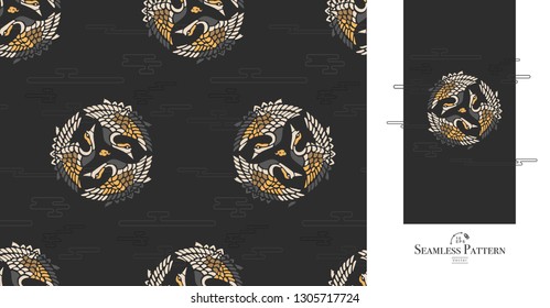 Japanese seamless pattern of flying cranes and clouds.