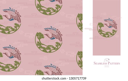 Japanese seamless pattern of flying cranes, clouds and trees