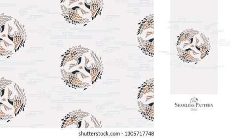 Japanese seamless pattern of flying cranes and clouds.