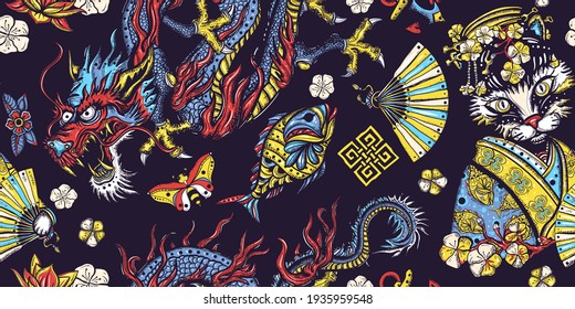 Japanese seamless pattern. Flying snakes, pink fan and sakura flowers. Asian travel background. Funny oriental art. Dragons and geisha cat. Ancient China history and culture 