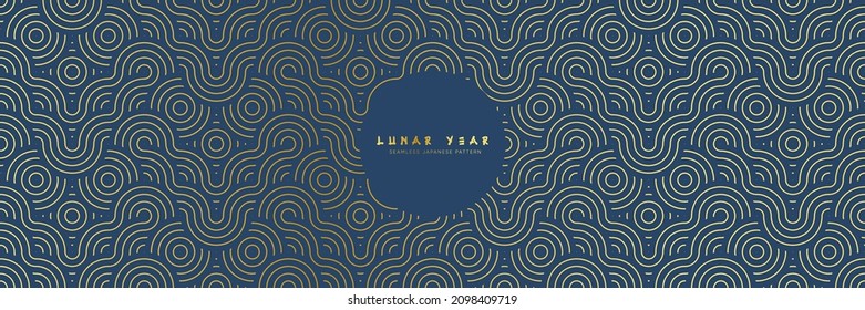 Japanese seamless pattern in geometric traditional style. 3d gold premium ornament for lunar chinese new year decoration. Golden and blue abstract asian vector creative motif. Vintage tiger.