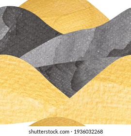 Patrón japonés sin fisuras con el vector de elementos de textura dorada y negra. Fondo asiático con decoración oriental con un bosque de montaña abstracto de estilo vintage.