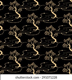 Japanese seamless pattern with golden pine trees on a black background.