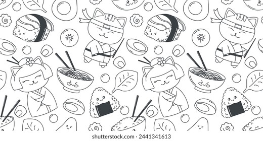 Japanese seamless pattern in kawaii style for kids with cats and sushi on transparent background. Line drawing. Vector illustration EPS10