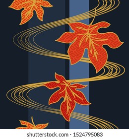 Japanese Seamless Pattern With Oriental Tatsutagawa Pattern With Autumn Leaves. Vector For Fabric And Furoshiki Gift Wrap, Kimono, Paper. 