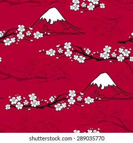 Japanese seamless pattern with sakura blossoms and fuji mountains vector illustration