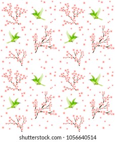 Japanese seamless pattern with sakura branches and green flying birds.