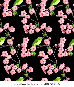 Japanese seamless pattern with sakura flowers and green bird on black background.