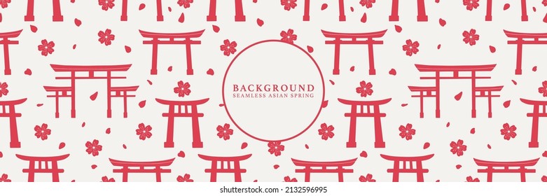 Japanese seamless pattern with sakura and torii gate. Vector spring hanami texture background.