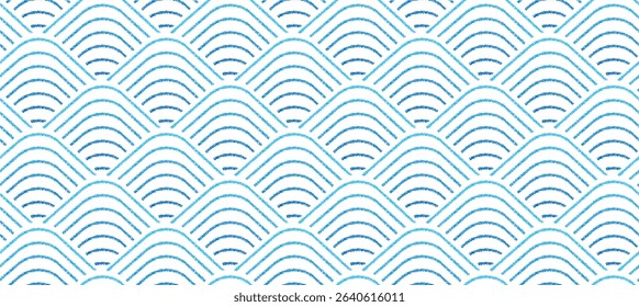 Japanese seamless pattern with scallop, fish scale. Abstract geometric background with blue lines with crayon texture. Seigaiha seamless pattern, vector illustration