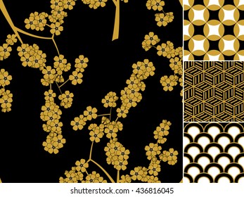 Japanese seamless pattern set with traditional ornaments. Vector illustration