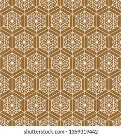 Japanese seamless pattern in style Kumiko.Golden color background and white lines.For template,fabric,shoji screens,textile,wrapping paper,laser cut and engraving.MEDIUM thickness lines.