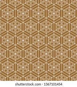 Japanese seamless pattern in style Kumiko.Golden color background and white lines.For template,fabric,shoji screens,textile,wrapping paper,laser cut and engraving.MEDIUM and THIN lines.