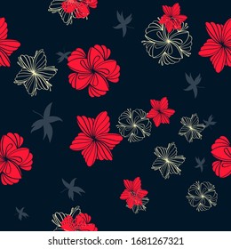 Japanese seamless pattern tile with red flower,  yellow flower on  dark blue texture. The Japanese illustration with flower and bamboo for textile design. Editable vector texture illustration .