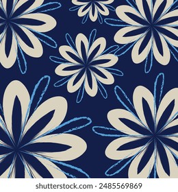 A Japanese seamless pattern of traditional clothes design. Decorative wallpaper. Blue and grey floral textile tropical bicolor flower and leaves miniprint seamless pattern