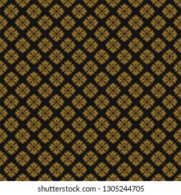 Japanese seamless pattern with traditional decorative elements. Gold and flowers, circles, geometric ornaments on a black and white background. Flat vector illustration.