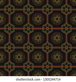 Japanese seamless pattern with traditional decorative elements. Gold and red flowers, circles, geometric ornaments on a black and white background. Flat vector illustration.