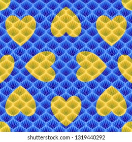 Japanese seamless pattern vector with heart. Multi-colored geometric background. Template, backdrop, wrapping paper, wallpaper