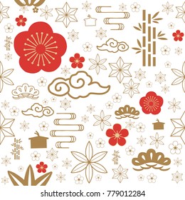 Japanese seamless pattern vector. Red and gold traditional symbol seamless background for celebration card such as cherry blossom, bush, cloud, flower, bamboo, wave.