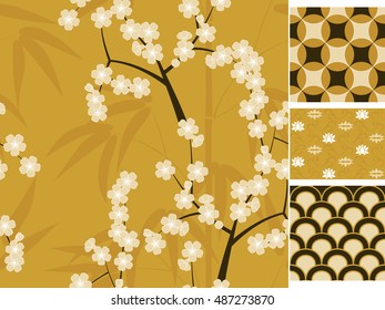 Japanese seamless patterns set with bamboo, sakura and traditional ornaments. Vector illustration