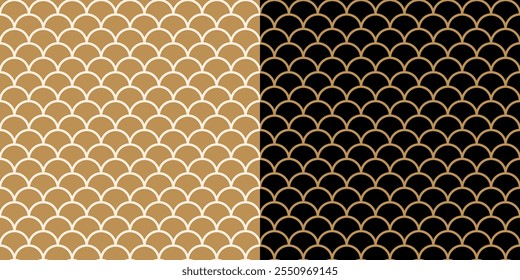 Patrones japoneses sin fisuras de ondas sobre fondos dorados y negros. Textura geométrica tradicional asiática. Diseño de lujo para la materia textil, decoración de la tela de la ropa, Fondo de pantalla