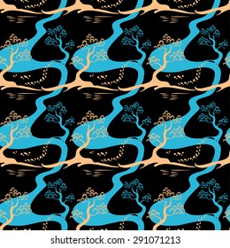 Japanese seamless vector pattern with pines, blue and beige pine.