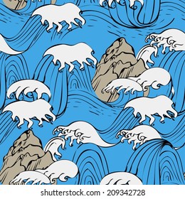 Japanese seamless waves pattern in ocean colors with mountain