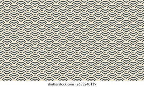 Padrão de seigaiha japonês. As vieiras em preto e branco são impressas. Escama de peixe ou dragão. Fundo do mar ou das ondas do oceano