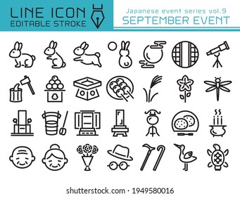 Conjunto de iconos vectoriales de evento japonés de septiembre.  Icono de línea modificable.  Mirar la luna, alto, Respeto por el día viejo.