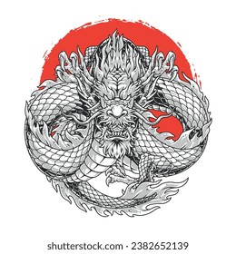 Japanese serpent emblem colorful with dragon preparing to attack near red circle symbolizes yakuza from Tokyo vector illustration