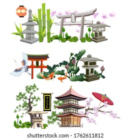 Japanese set for banners and travel posters. Vector illustration in a flat style: pagodas, bamboo, torii, lotus, tsuru, carp koi.