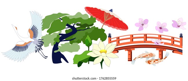 Japanese set for banners and travel posters. Vector illustration of a japanese garden with bamboo, lotus, tsuru and koi carps.