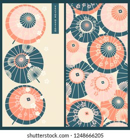 japanese set with a card and seamless vector pattern with vintage traditional japanese umbrellas. design for print, wrapping, gift, business