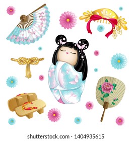 Japanese set with doll kokeshi, wooden sabots, paper fan and gold hair ornament. Japanese chrysanthemums. Vector national cartoon character and objects.