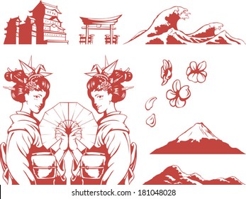 Japanese Set - Girl in Kimono, Sakura, Mountain, Castle