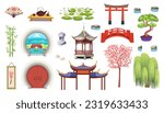 Japanese set of Japanese stone lantern, sakura, bonsai, round open door, garden bridge, water lilies, fan, Chinese gazebo, arch, door, cherry blossoms